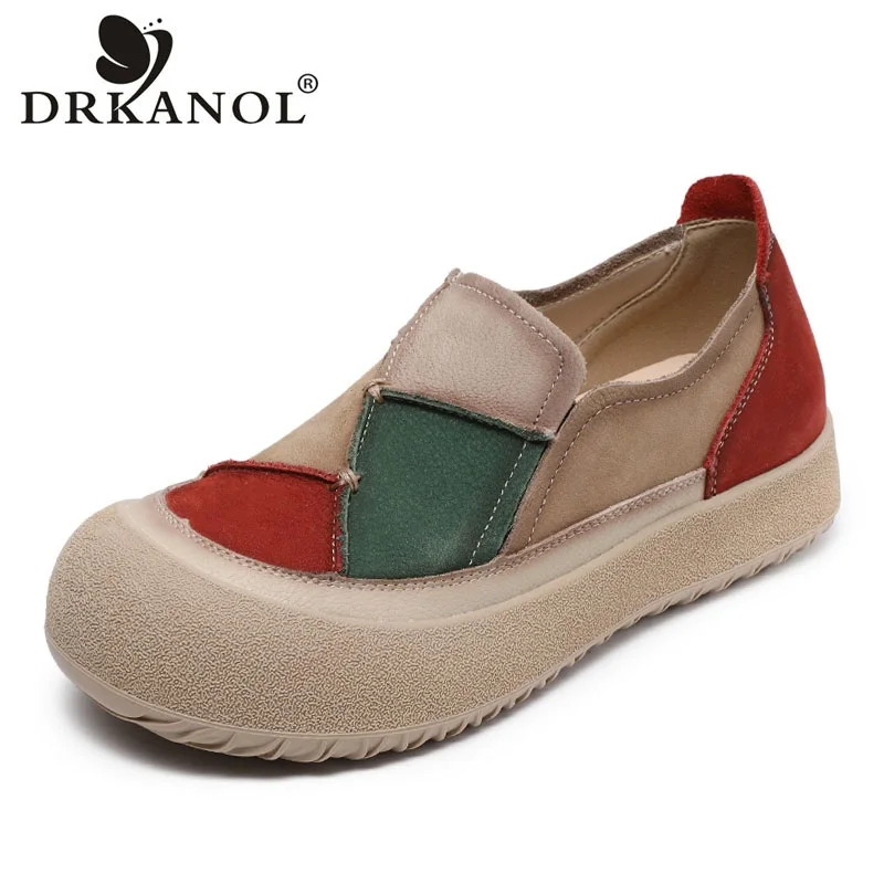 

DRKANOL 2025 Retro Style Mixed Colors Slip On Loafers Women Flat Platform Shoes Genuine Leather Shallow Splicing Casual Shoes