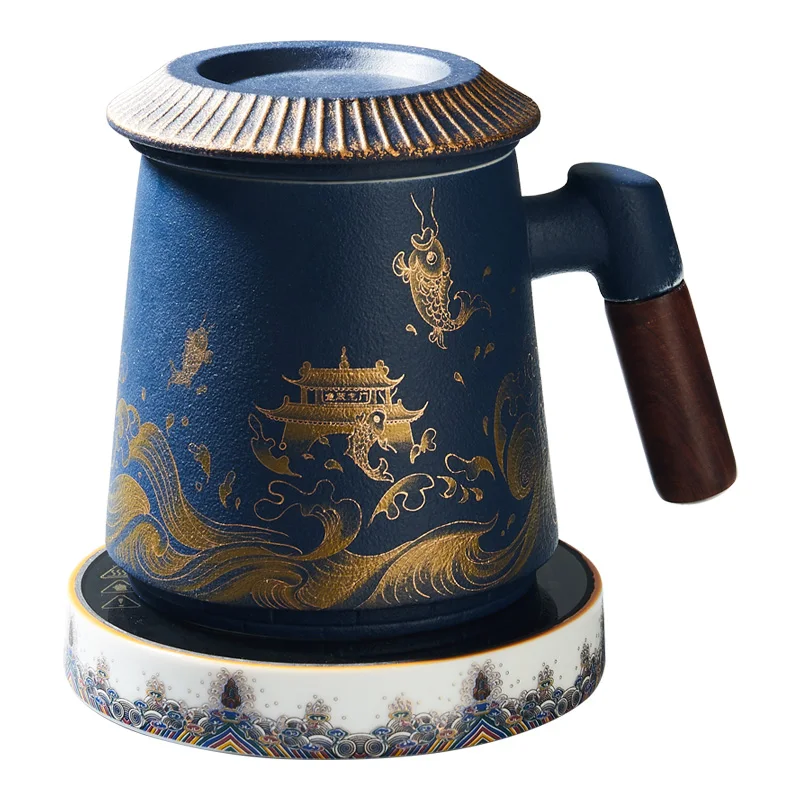 Ceramic Starry Blue Glaze Mug Chinese Large Capacity Household Water Cup Wooden Handle Office Strainer Tea Brewing Cup