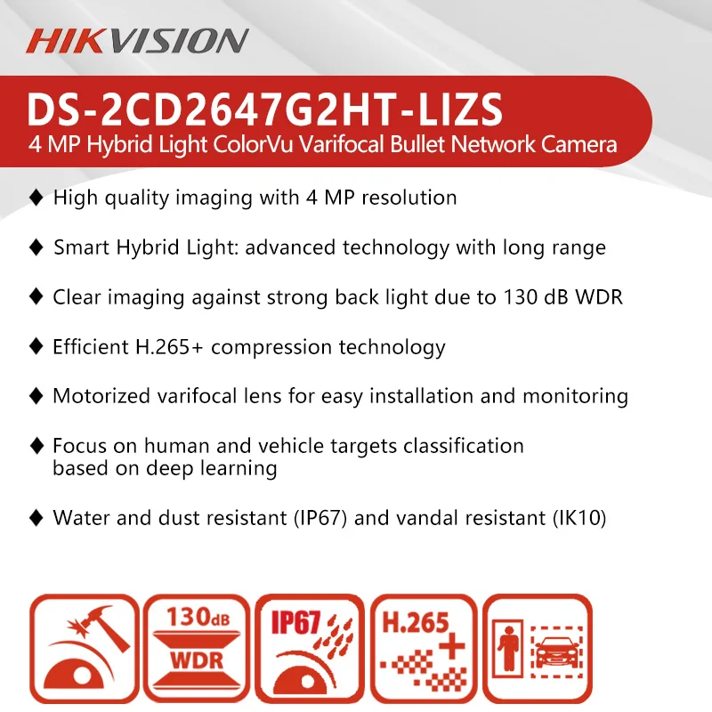 Hikvision 4MP Luz Híbrida ColorVu Varifocal Bullet Câmera de Rede com Detecção de Humanos e Veículos WDR IP67 PoE DS-2CD2647G2HT-LIZS