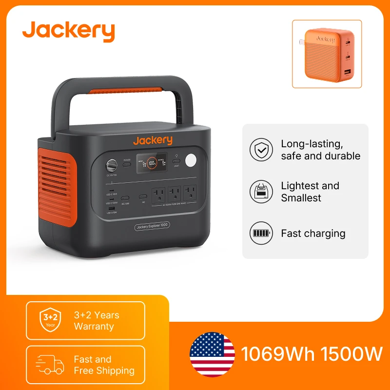 

Портативная электростанция Jackery Explorer 1000v2 и быстрое зарядное устройство 102 Вт, солнечный генератор для активного отдыха и кемпинга