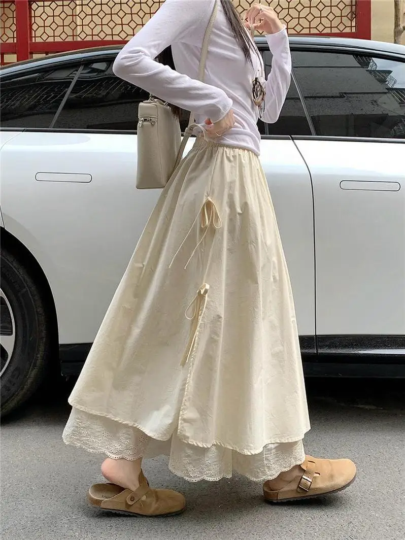 

Elegant Lace Trim Knot A-Line Midi Skirt Women's Summer High Waist Gentle Sweet Splice Long Skirt Korean Style