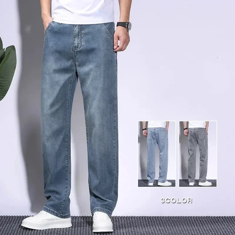 

Summer Soft Lyocell Fabric Men's Jeans Thin Loose Straight Pants Drawstring Elastic Waist Korea Casual Trousers Plus Size