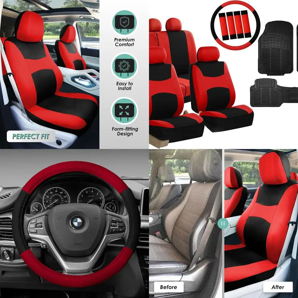 

Light & Breezy Cloth Full Set Car Seat Covers Combo Set: Steering Wheel Cover, Seat Belt Pads and Black Vinyl Floor Mats Univers