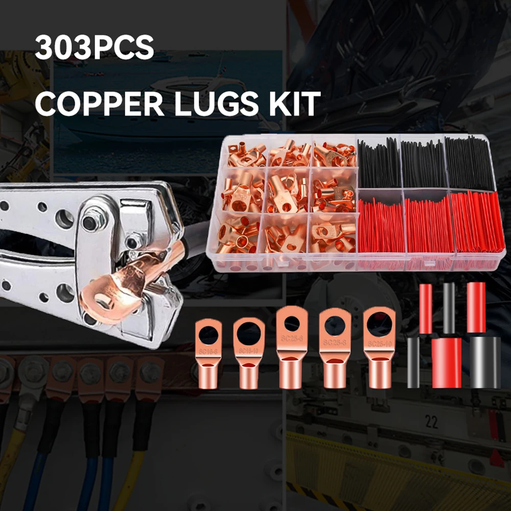 

Комплект медных наконечников, 303 шт., клеммы для аккумулятора, кабельные наконечники, наконечники для проводов AWG 4, 6, 8, 10, 12, клеммные разъемы + термоусадочная трубка