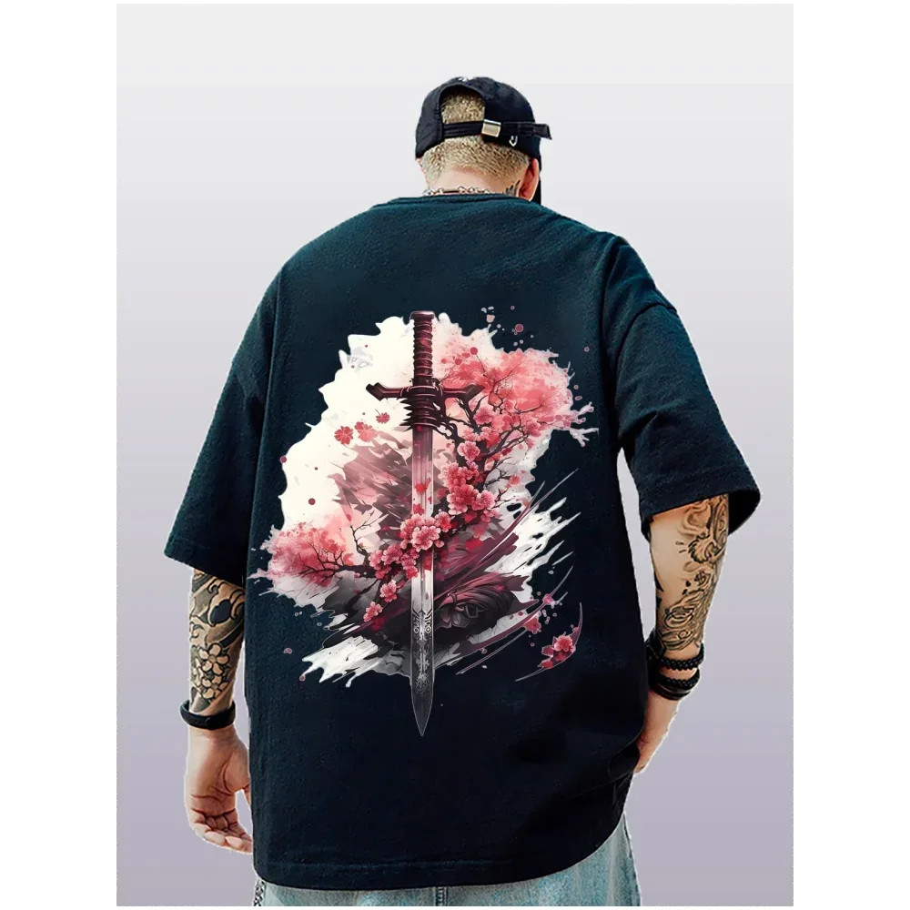 Oversized Fashionable Men\'s T-shirt with Japanese Plum Blossom Pattern 3D Printing Loose Street Trend T-shirt for Men\'s Clothing