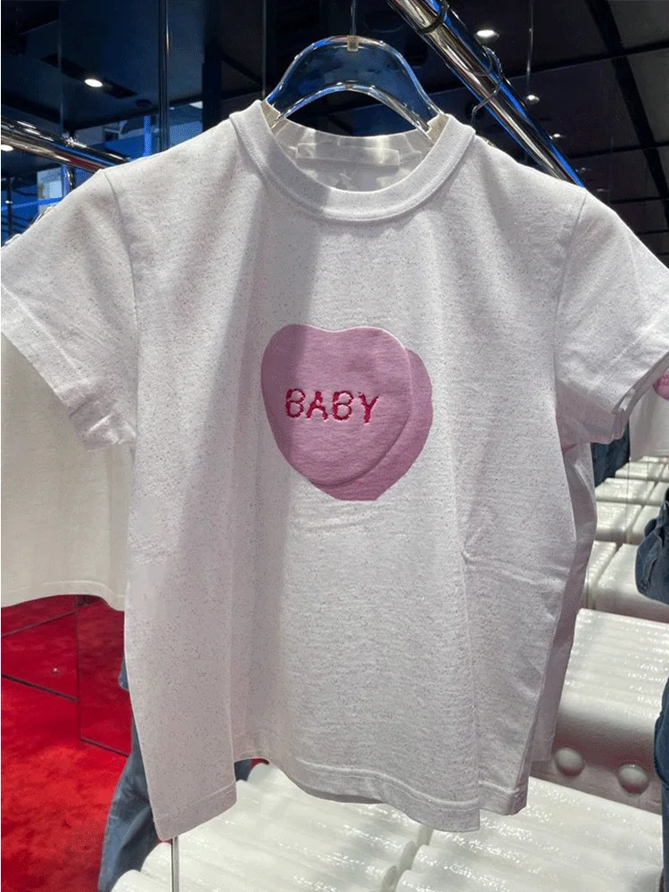 

Летняя коллекция 2023: Женская футболка из чистого хлопка с пайетками и принтом «Белое любовное письмо», короткий рукав, бренд Princ eenn