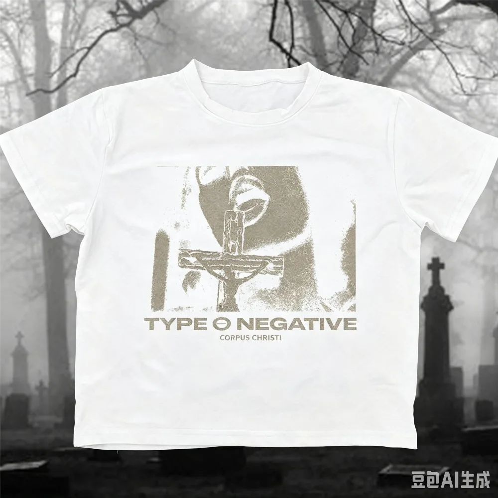 Black Grainy Gothic Close-up Portrait Cross Motif Graphic T Shirt Dark Vintage Style Oversized Short Sleeve Unisex Tops