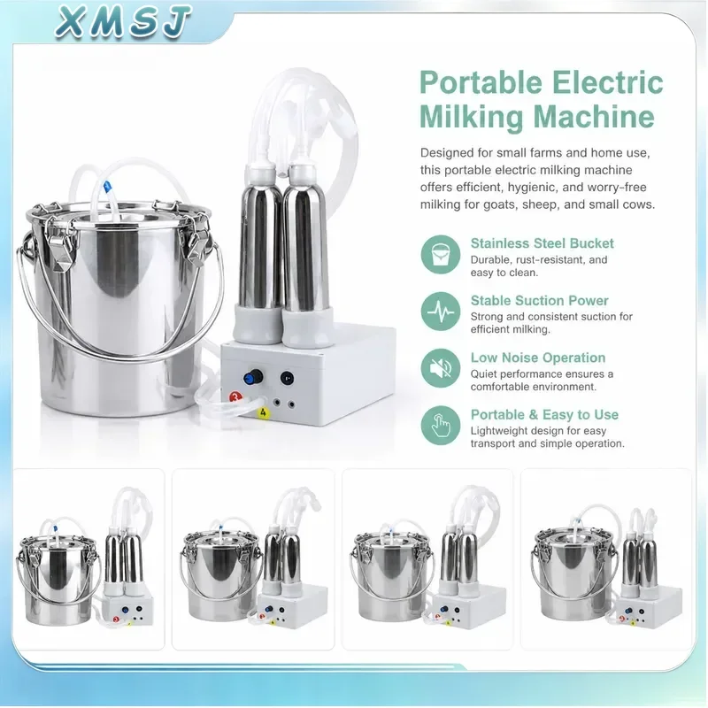 5L Automatic Electric Milking Machine Pulsating Vacuum Pump Stainless Steel Bucket for Farm Cows Goats Sheep Dairy