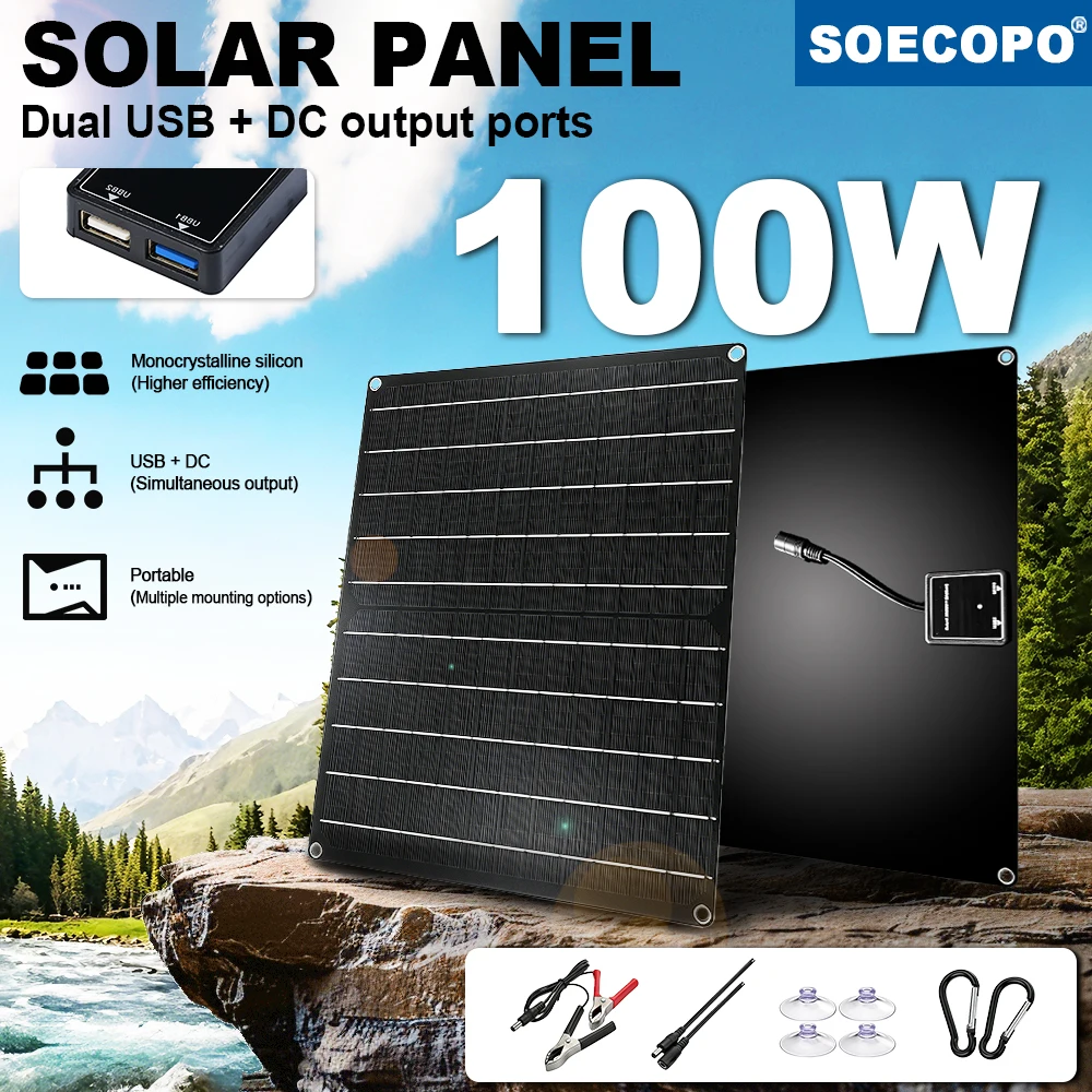 100W Tragbares Flexibles Solarmodul Monokristallin Wasserdicht, Dual USB & DC Ausgang DIY-Setup für Outdoor Camping, Wohnmobil