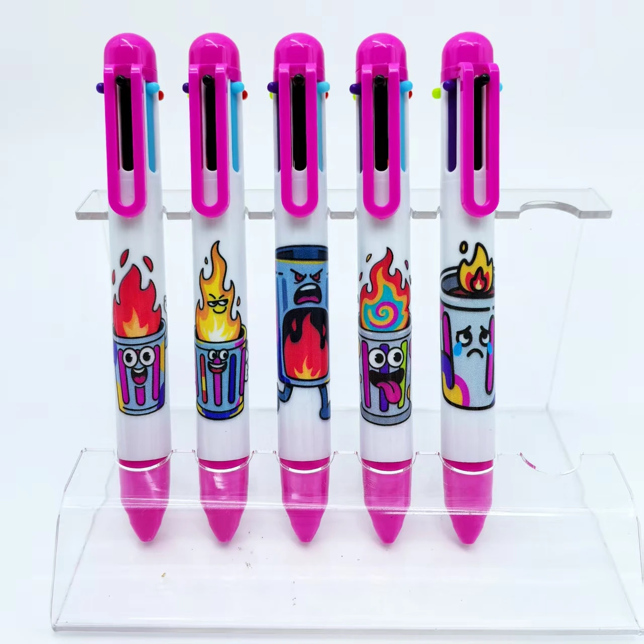 10 قطعة/15 قطعة الإبداعية سلة المهملات النار قلم حبر جاف لهب سلة المهملات متعدد الألوان الصحافة القلم ستة في واحد قلم حبر جاف