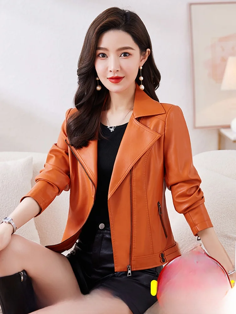 Haining 本革ジャケット女性のオルトスレ春秋新作コットンエンリッチドブラオートバイスリムフィットレザーコート