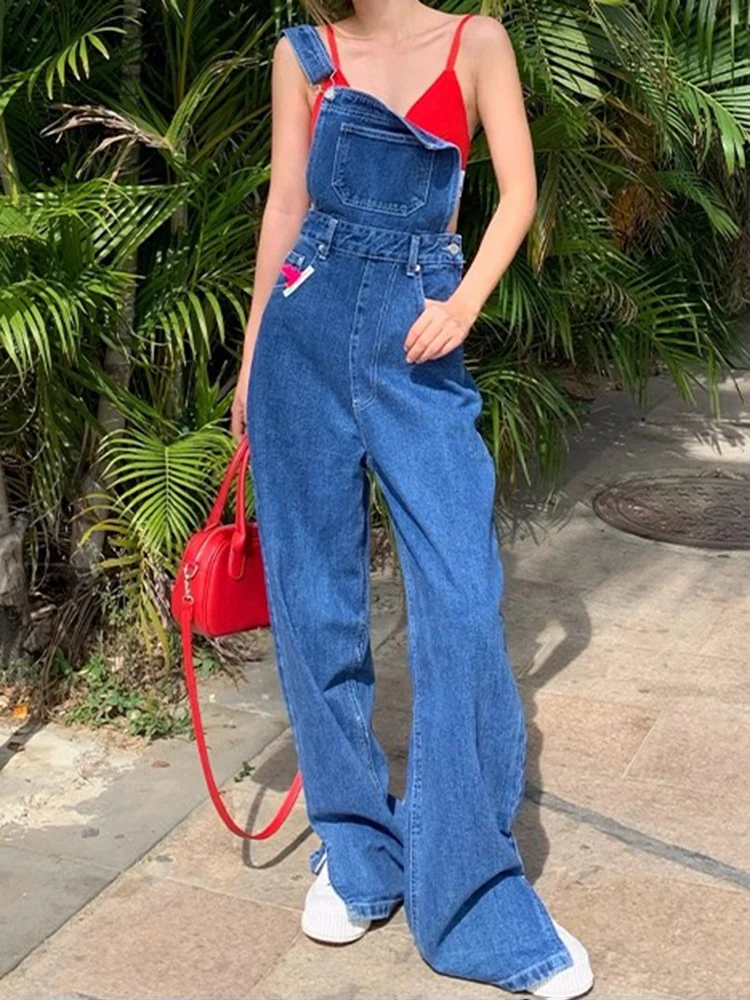 PBAP Vrouwen Denim Jumpsuit Solid Cleanfit Casual Losse Split Bib Pocket Verstelbare Bandjes Broek Algehele School Koreaanse Streetwear