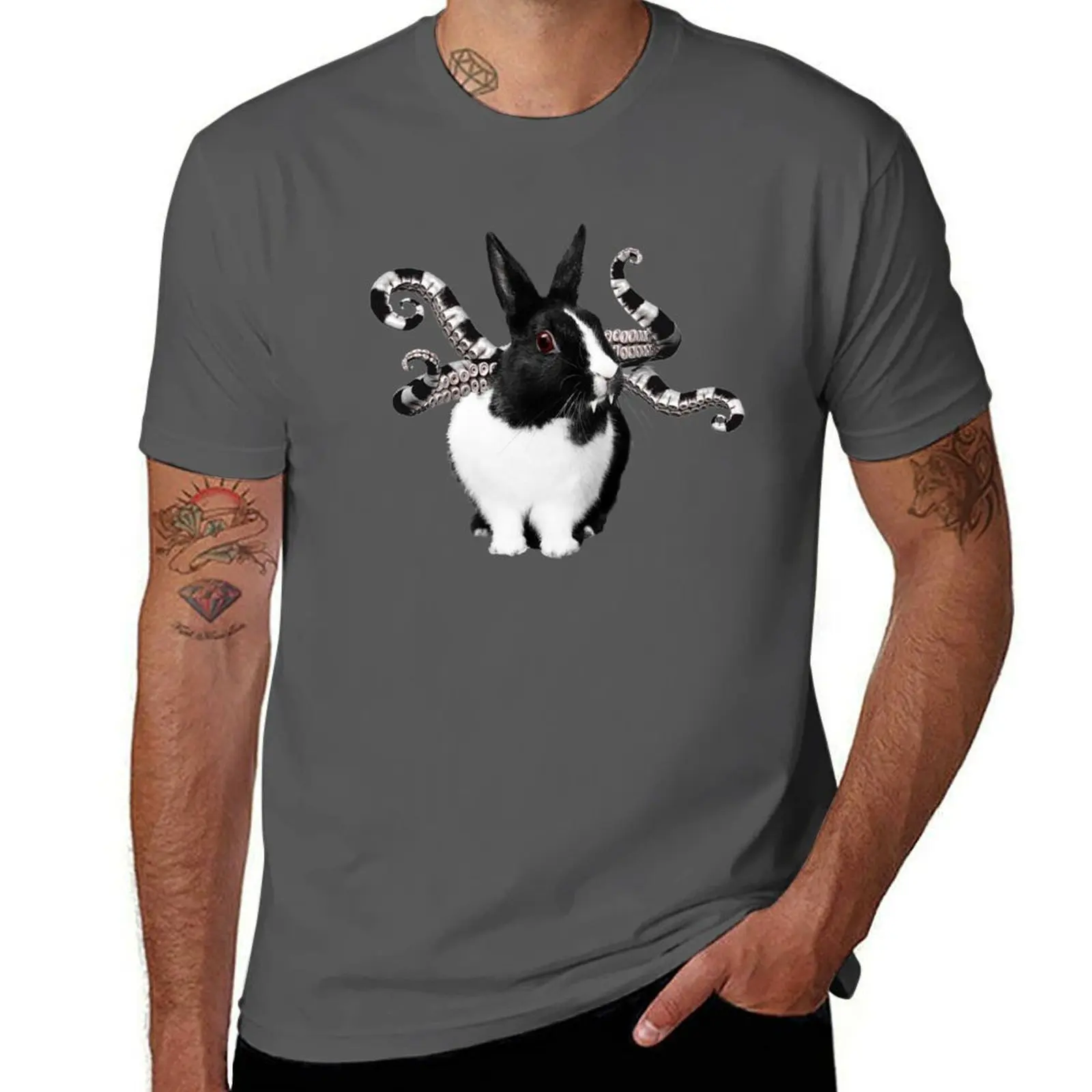 Black & White Bunny w/ Tentacles T-Shirt Graphic Print Short Sleeve T-Shirt