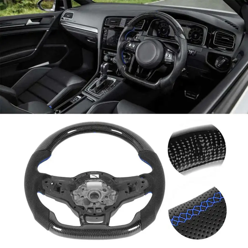 Napa perforada para volante de coche, etiqueta de retorno azul para VW Mk7/Mk7.5 GTI/GTD/R/r-line 2013-2020, fibra de carbono