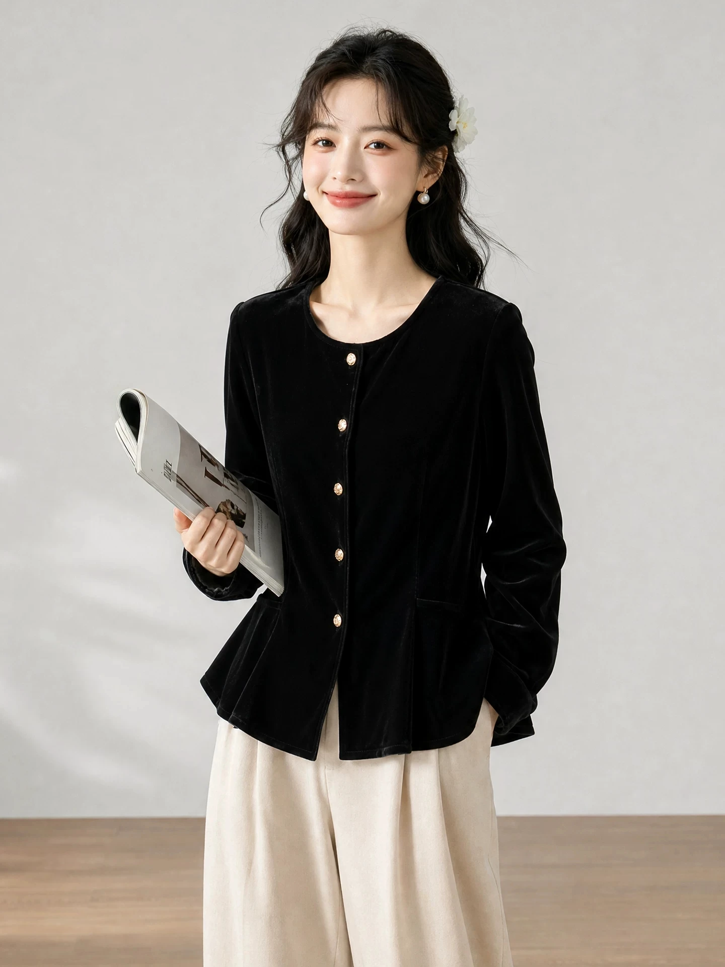 Winsleter-Silk Velvet Elegant Coat, O Neck Long Sleeve Solid, Women Vintage Design Sense Loose Suit, 2026 Autumn New C69766CC