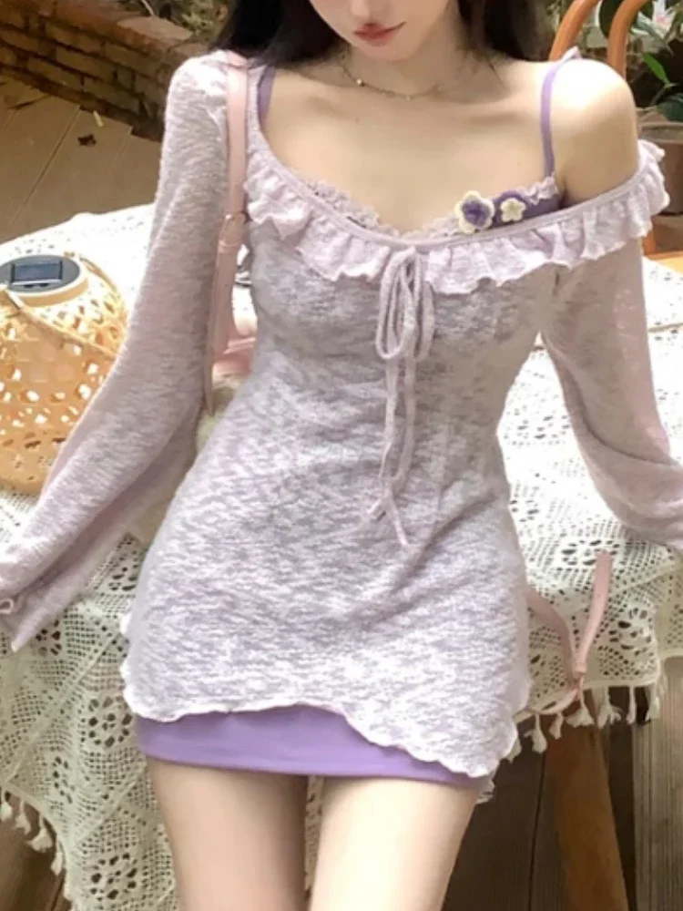 Purple Kawaii Lolita 2 Piece Set Women Lace Japanese Cute Sweet Dress Suit Female Korea Strap Dress + Long Sleeve Blouse 2024