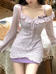 Purple Kawaii Lolita 2 Piece Set Women Lace Japanese Cute Sweet Dress Suit Female Korea Strap Dress + Long Sleeve Blouse 2024