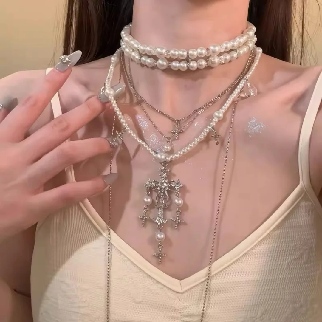 

DUTRIEUX Y2K Necklace Accessories Pearl Necklaces Multi Layer Choker Set Charms Chain for Women Personality Punk Goth Jewelry