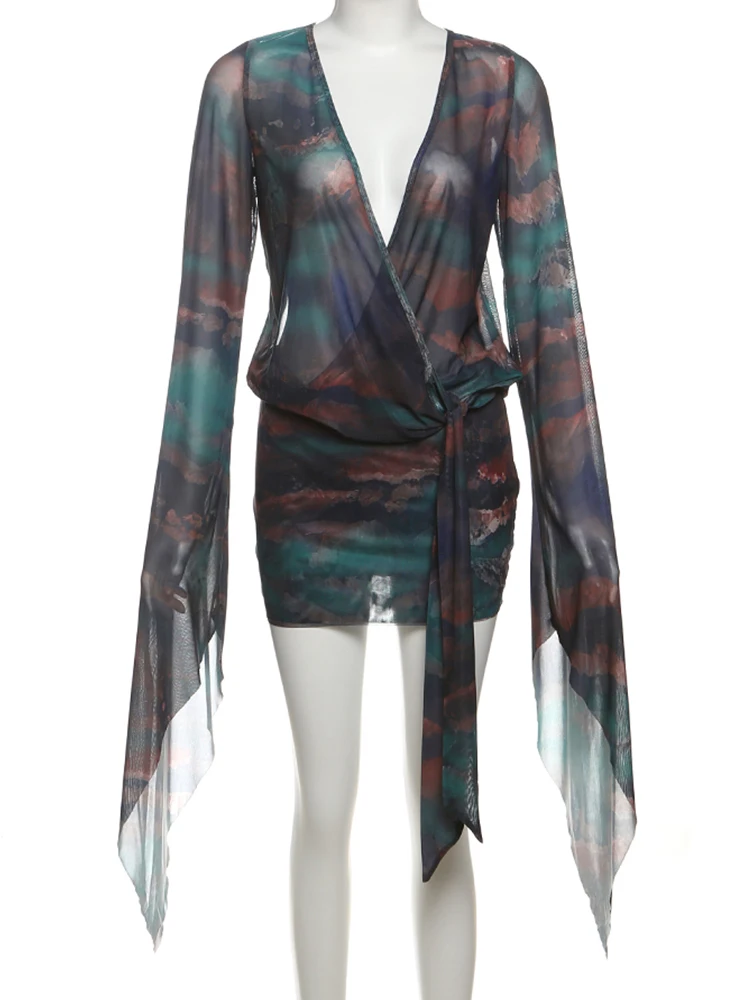 Macheda Sexy Backless Mini Jurk Vrouwen Diepe V-hals Lace-Up Mesh See Through Losse Volledige Mouw Midnight Club Party Trend outfits