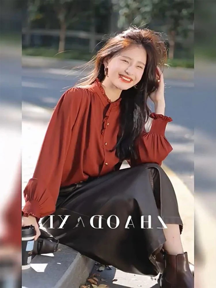 

Women's Stand Collar Flocking Shirt Inner Wear Ear Look Button Long Sleeve Regular Fit Commute Style Pure Color Spring Autumn