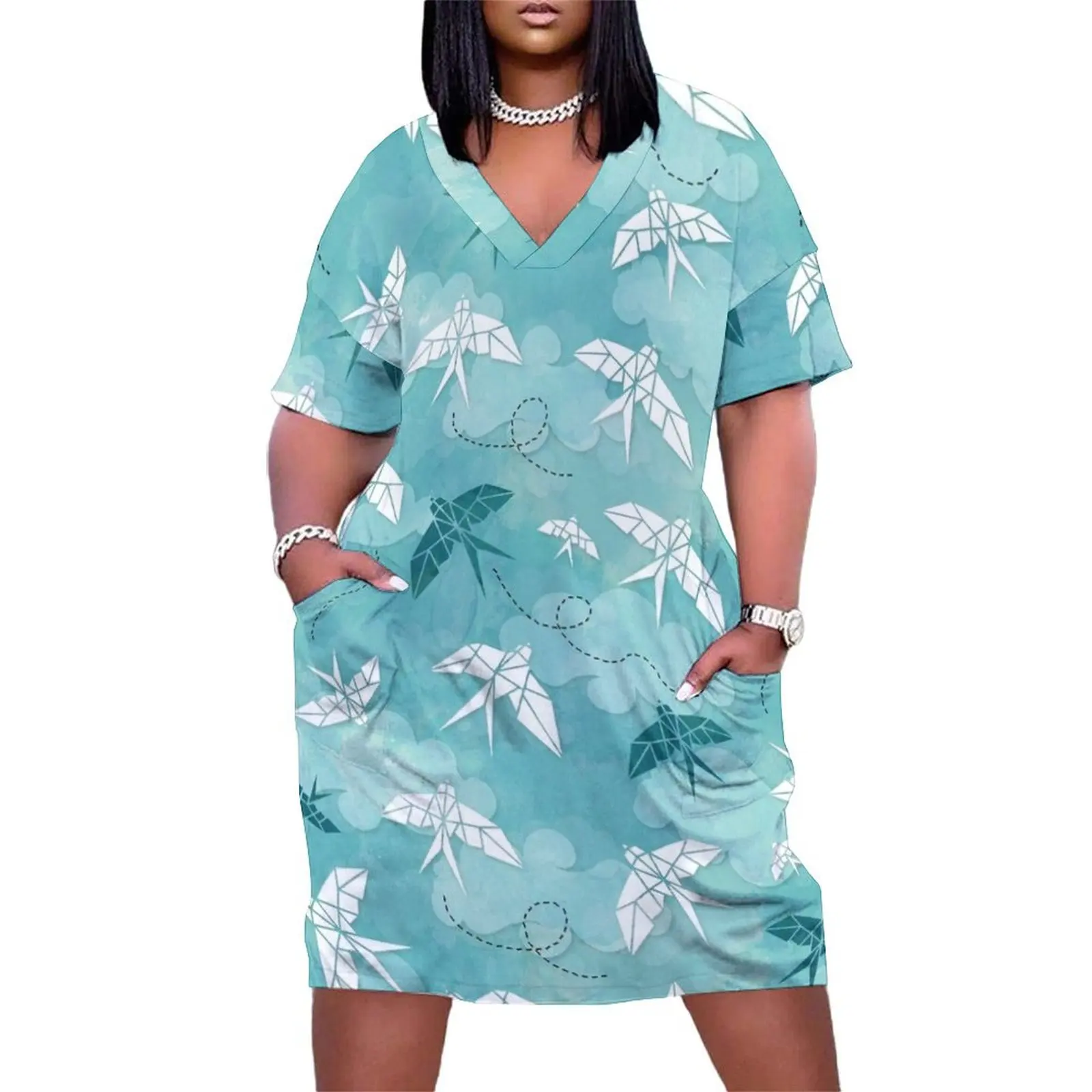 Origami Swallow in turquoise Loose Pocket Dress birthday dress for women Women's summer dress womans clothing sexy