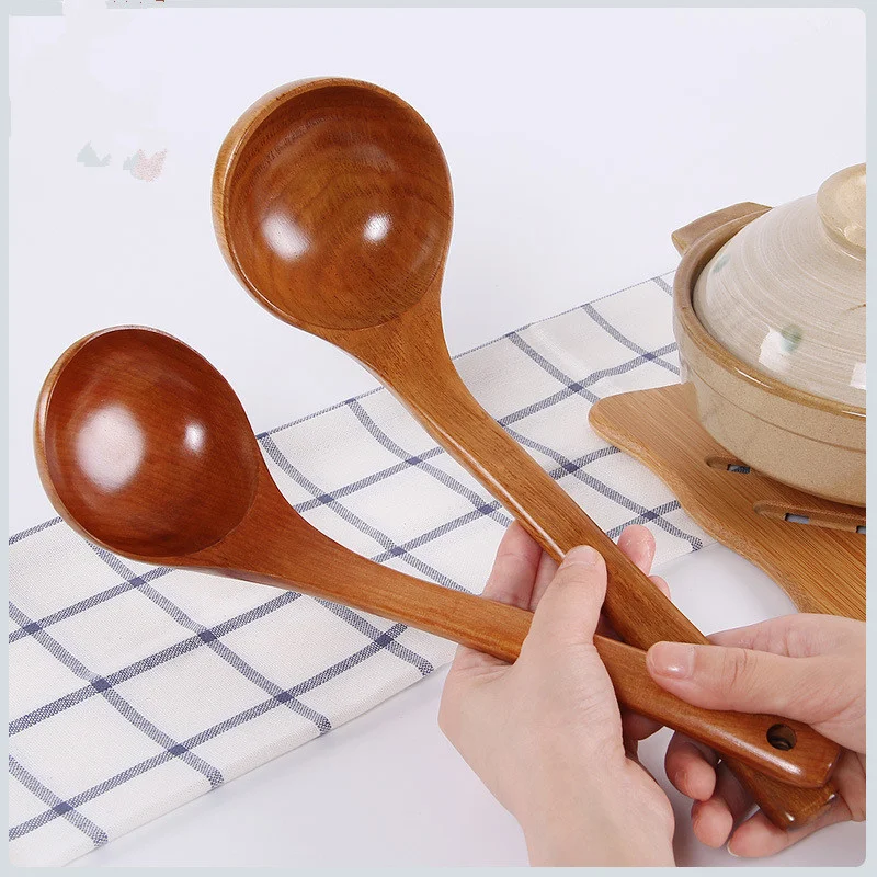 27cm Natural Wood Long Handled Rice Soup Cooking Spoons Big Ladle Hot Pot    Tableware Tools Kitchen Accessories