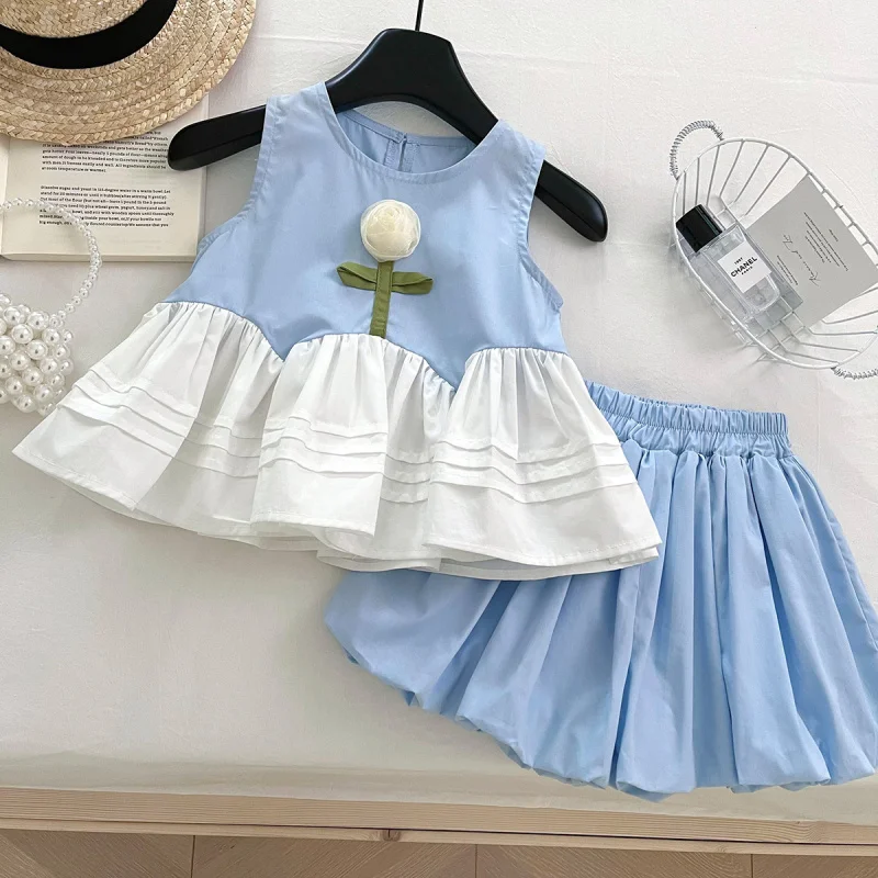 2025 الفتيات الصيف موضة جديدة الطفل الحلو روز سترة فستان برعم على شكل السراويل Suit17262-63 #1