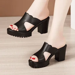 Big Size 32-43 Block Heel Platform Slippers Women Wedding Shoes Summer 2025 Leather Slippers High Heels Slides Ladies Slipper