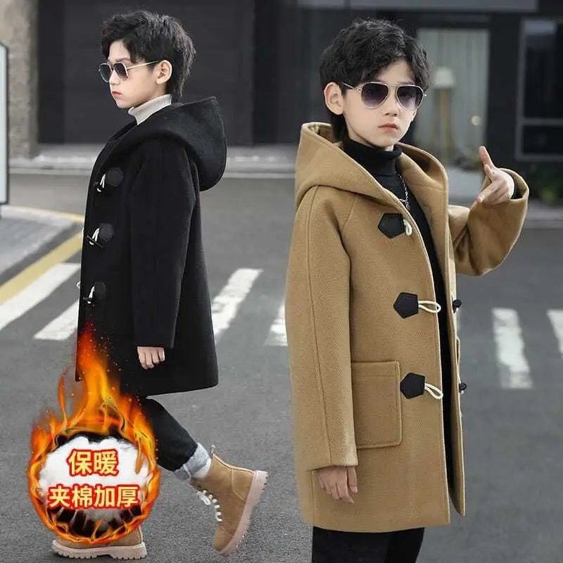 5 6 8 10 12 14 16 Years Boys Wool Coat Winter Keep Warm Fashion Kids Jacket Long Sleeves Hooded Boys Outerwear New Kids Clothes