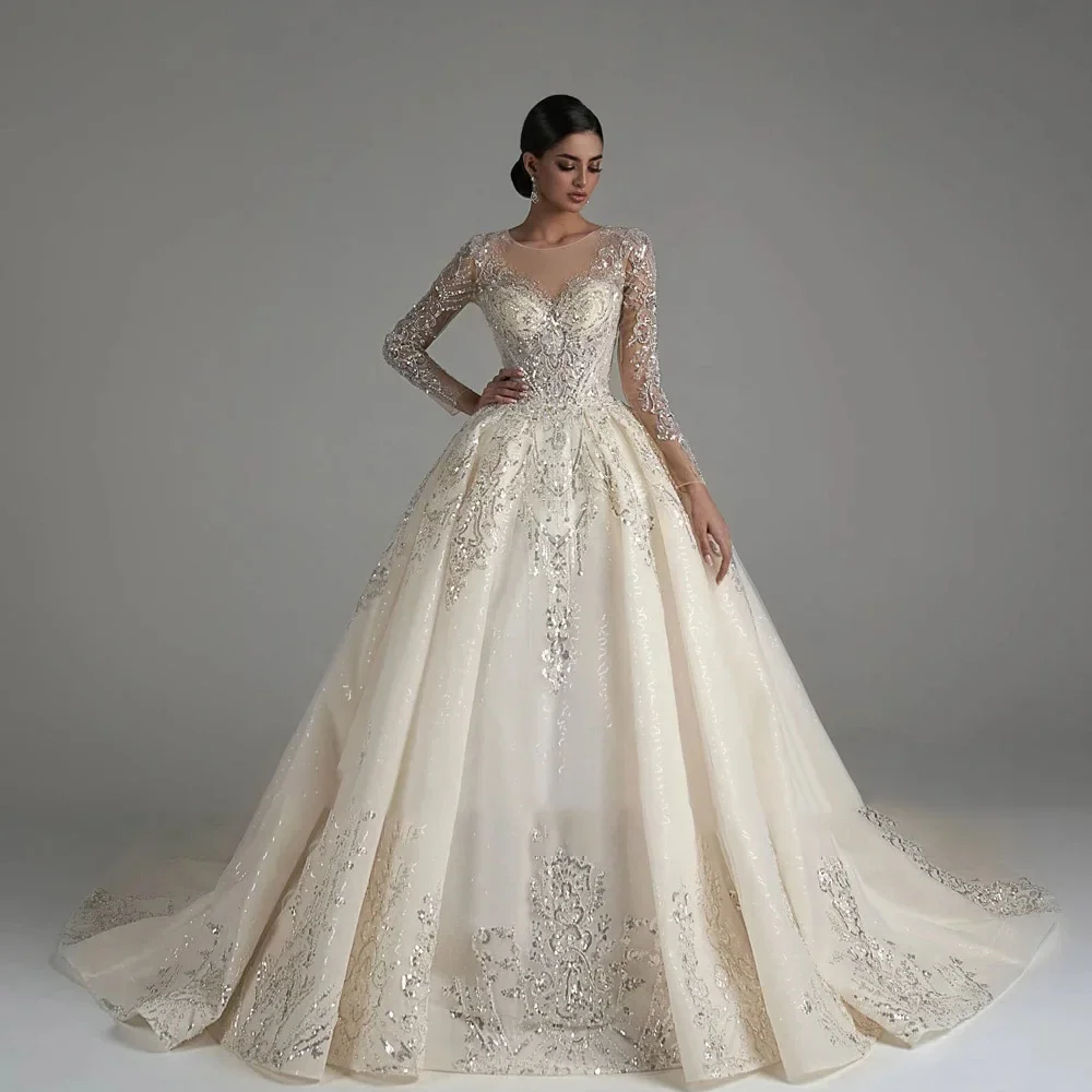 

O-Neck Long Sleeve Lace Beaded Bride GownsTailor Made High Quality Wedding Dress custom