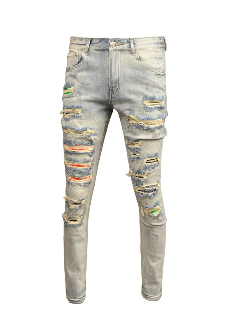 Retro Light Color Hole Jeans Men's Personality Fashion Stretch Slim High Street Scrape Patch Street Tappered Pants