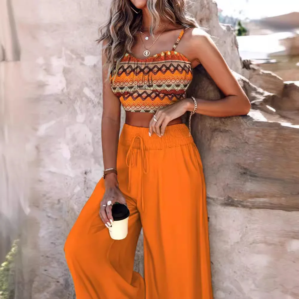

Spring And Summer New Sexy Camisole Short Top Fashionable Women's Printed Lace Up High Waisted Wide Leg Pants 2-piece Set S-3XL