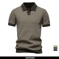‌AIOPESON 2025 Men's Contrast Striped Polo Shirt - Lightweight V-Neck Knit Top with Breathable Textured Panels