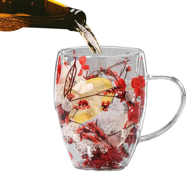 Double Wall Coffee Mugs 350ml Dried Flowers Glass Cups with Handle Anti-Scalding Mugs for Milk Chocolate Tea Juice Hot Cold