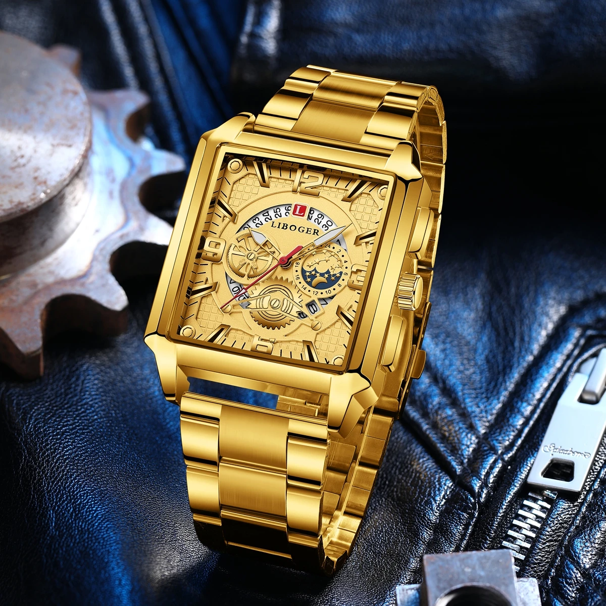 

Новые модные мужские часы с большим циферблатом, золотой прямоугольный ремешок из нержавеющей стали, автоматическая дата, деловые мужские кварцевые часы, календарь, время, подарки