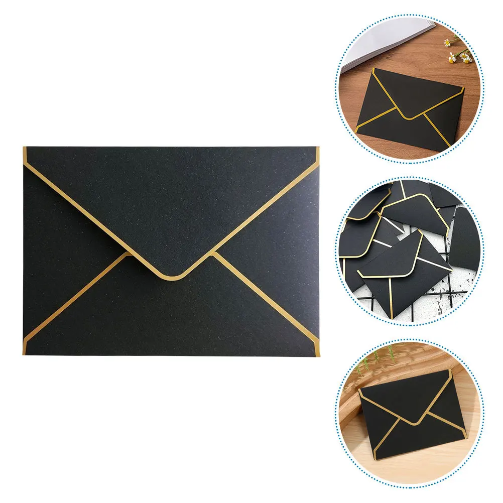 50Pcs Black Paper Invitation Envelopes Gold Foil Edges V Flap European Style Wedding Graduation Greeting Card Envelope