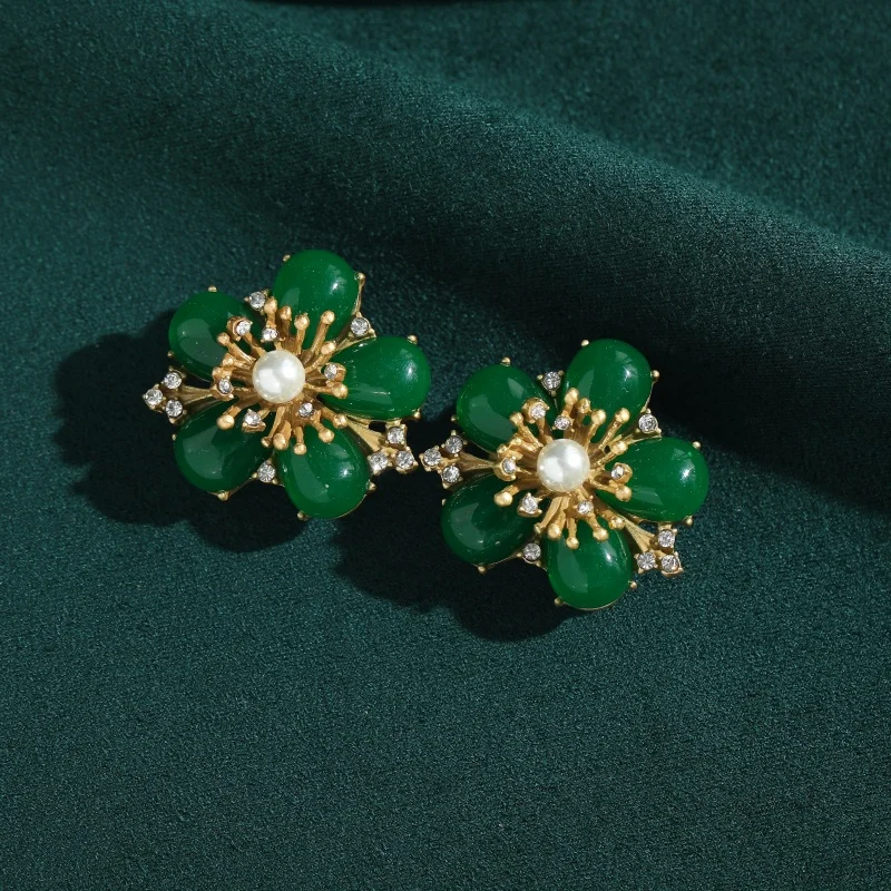 

Vintage Peach Blossom Green Agate Flower Earrings Jewelry For Woman Wedding Luxury Designers High Quality Party Accessories 2026
