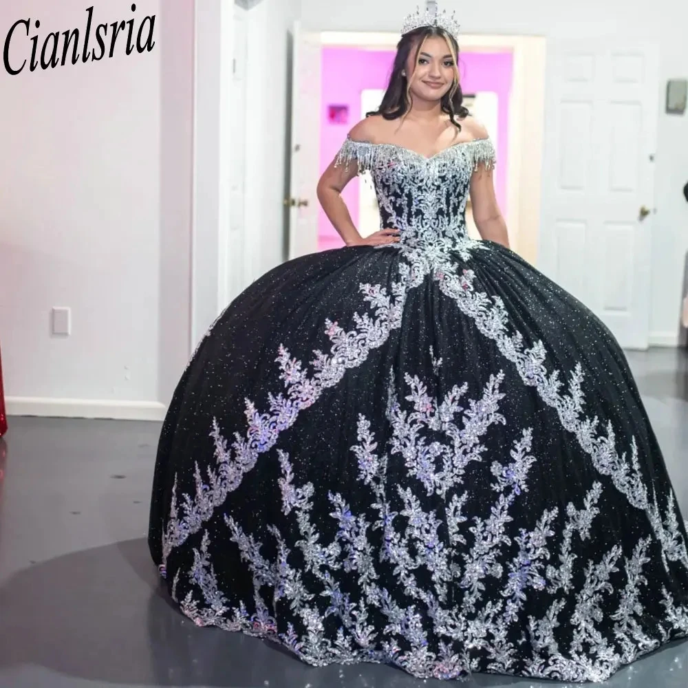 Zwart Glitter Kristallen Kwastjes Baljurk Quinceanera Jurken Van De Schouder Zilveren Appliques Ruches Corset Vestidos De Xv Años