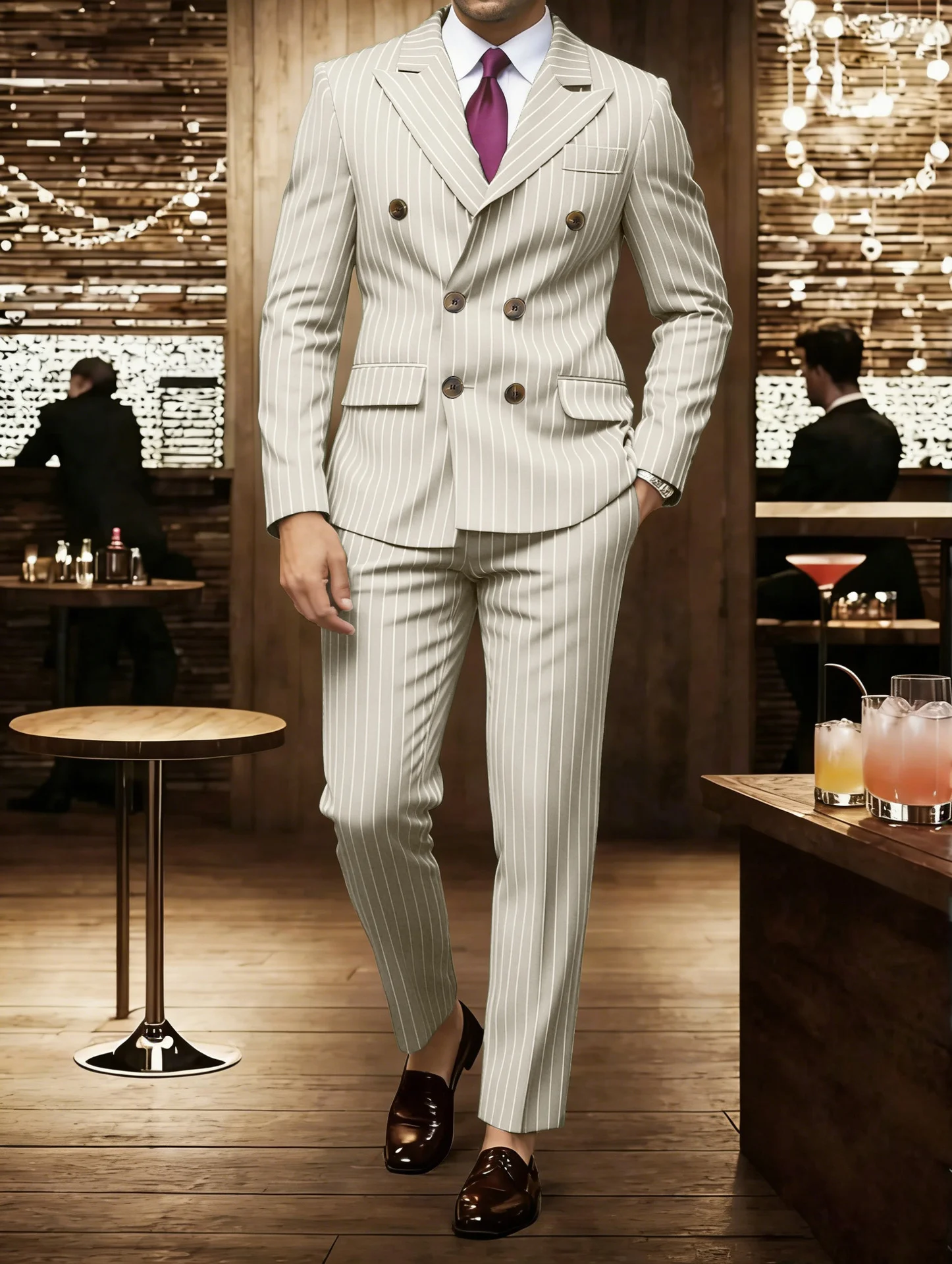 Slim Fit Double Breasted Pinstripe Suit Men 2 Piece Business Formal Blazer Wedding Party Dress Suits for Weddings and Banquets