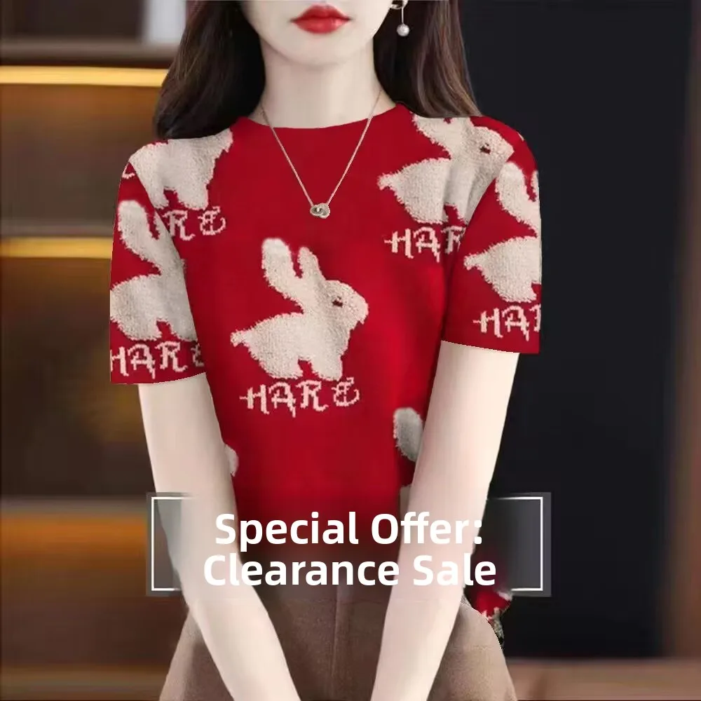 

Slim Fit round Neck Short Sleeve Knitted Top Women's Fashionable Summer Thin Printed Pullover Shirt Vintage Commute Style