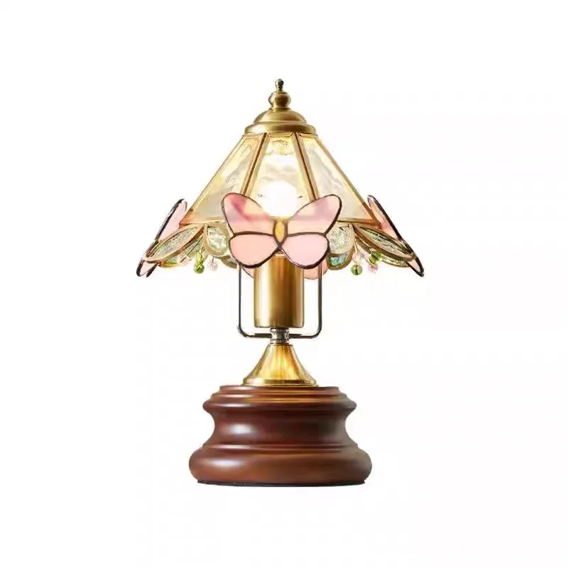 

American retro butterfly flower glass mini desk lamp French medieval nostalgic creative bedroom bedside lamp dimmable