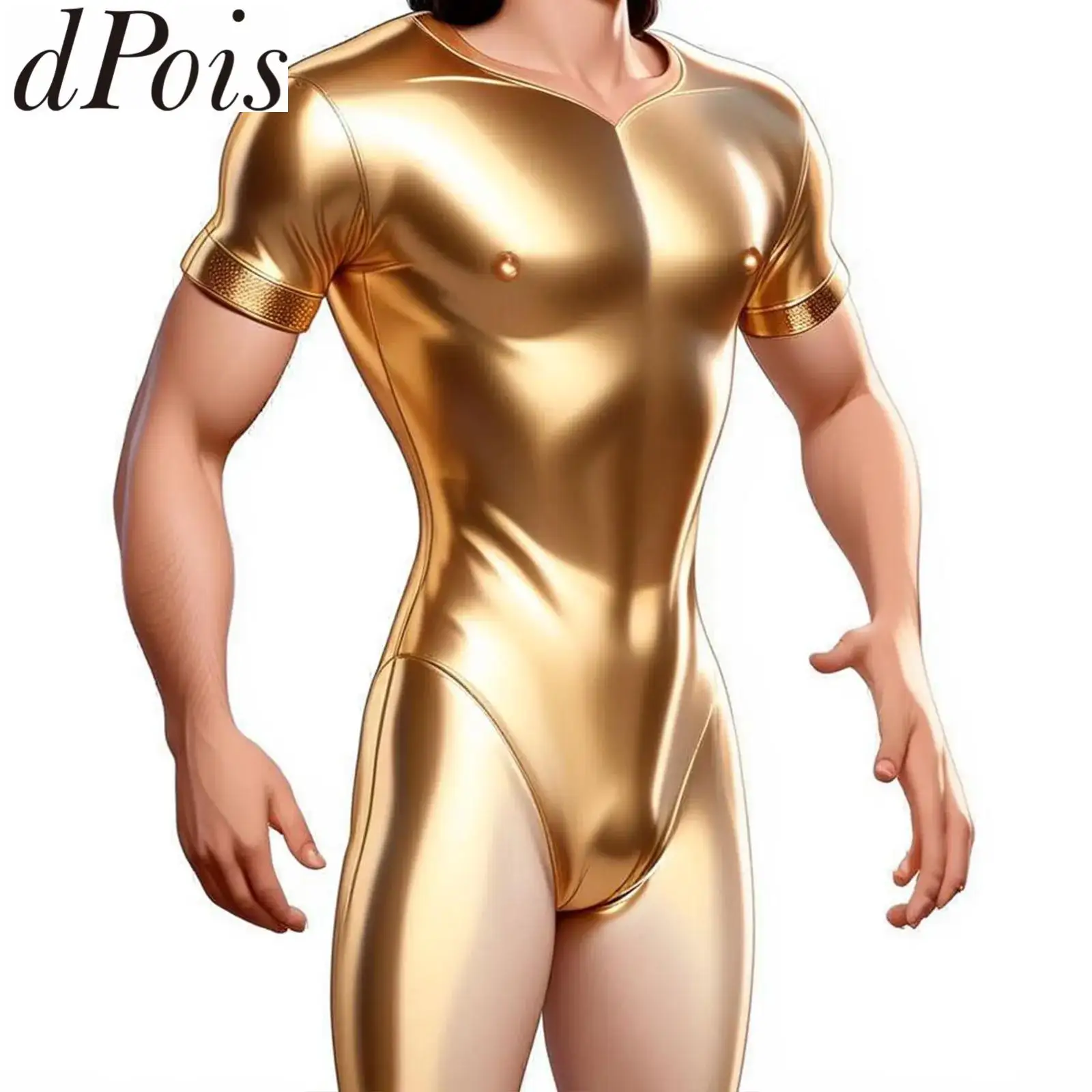 

Мужской сексуальный масляный блестящий цельный боди, однотонный прозрачный купальник с короткими рукавами, эластичный купальник, спортивные комбинезоны для тренажерного зала, йоги