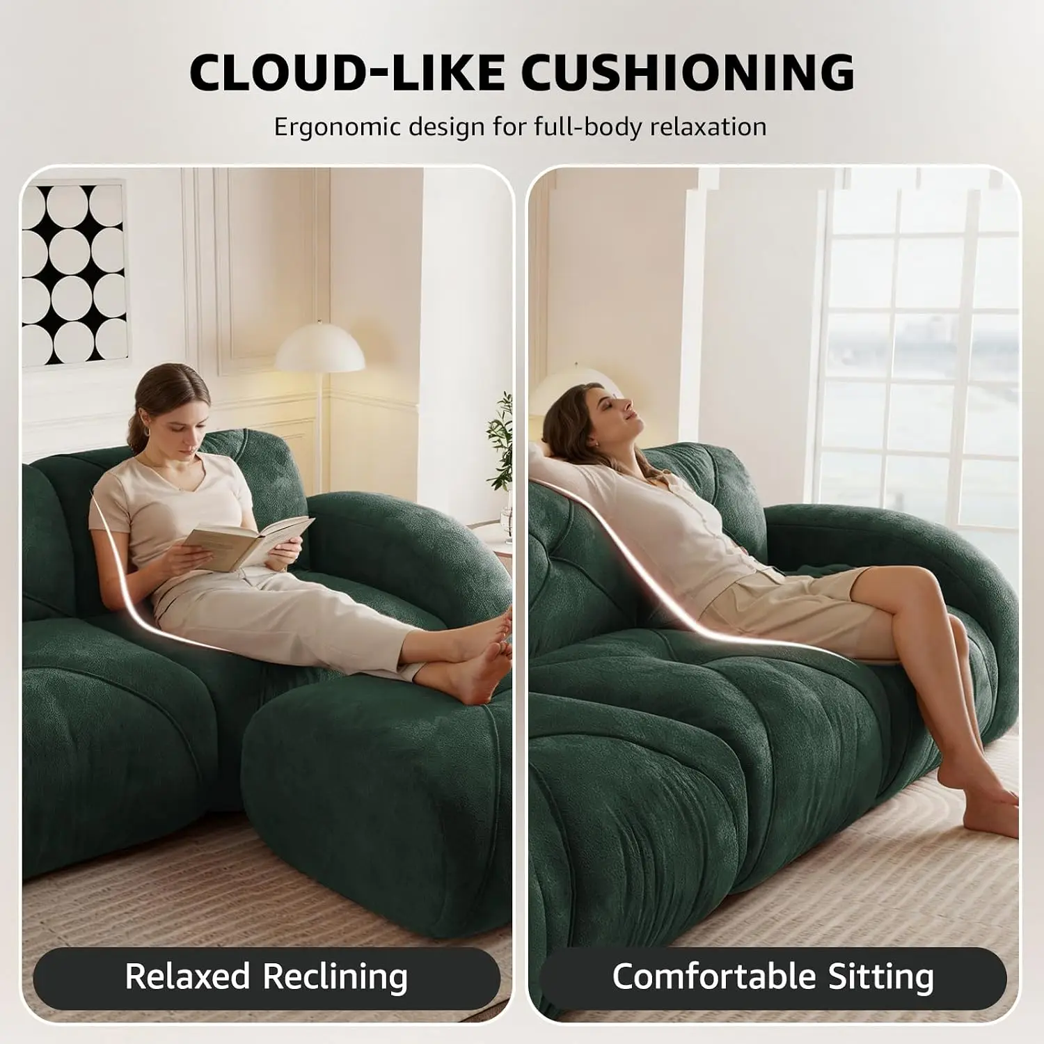 Green U-Shaped Sectional Sofa, Velvet Modular Cloud Couch with 2 Ottoman, Foam Compressed Set for Living Room, Customized