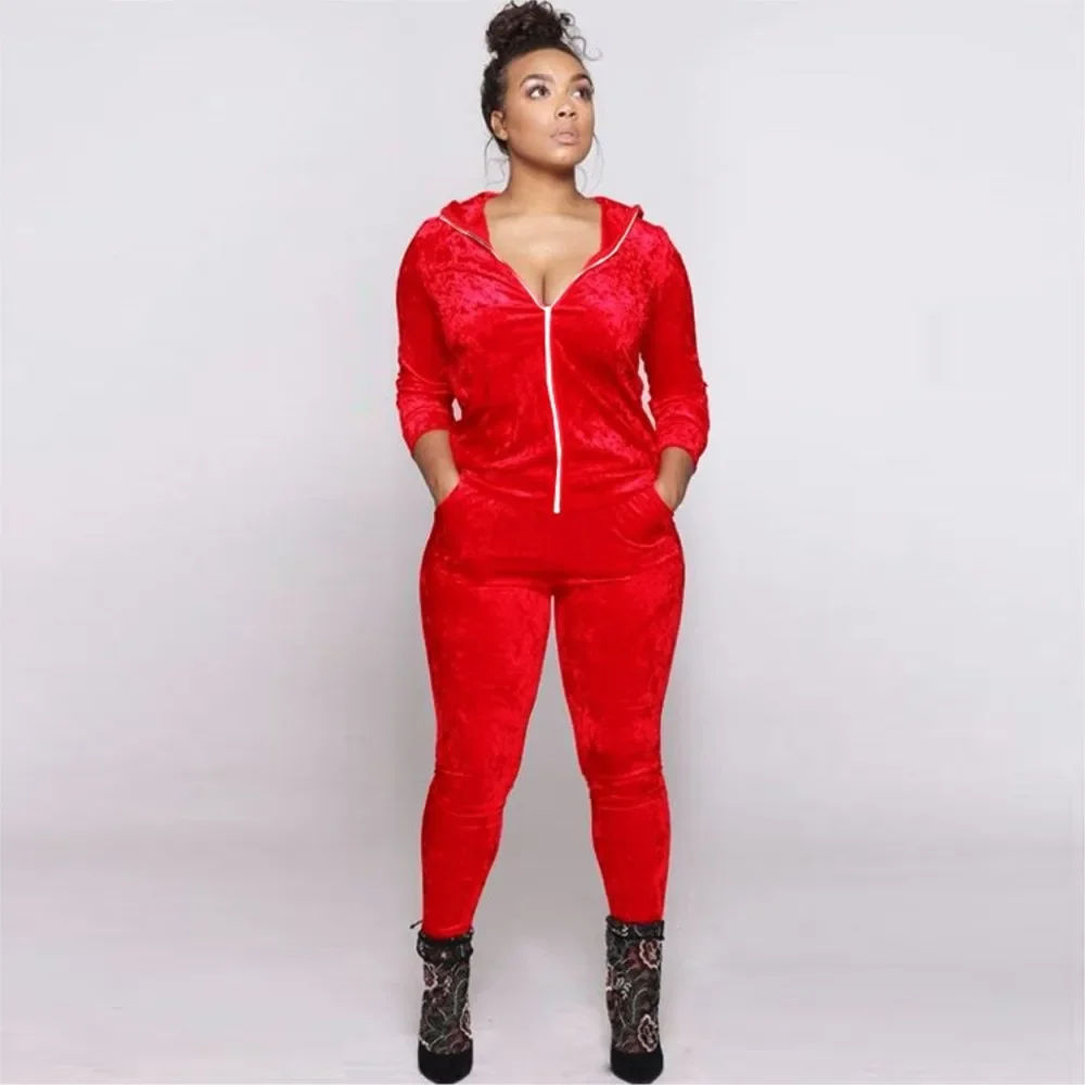 CPSYMYM Jesienno-Zimowy Nowy Zestaw Damski: Aksamitna Bluza z Kapturem na Zamek, Modne Dopasowane Spodnie Sportowe do Biegania, Komplet 2-częściowy Fema