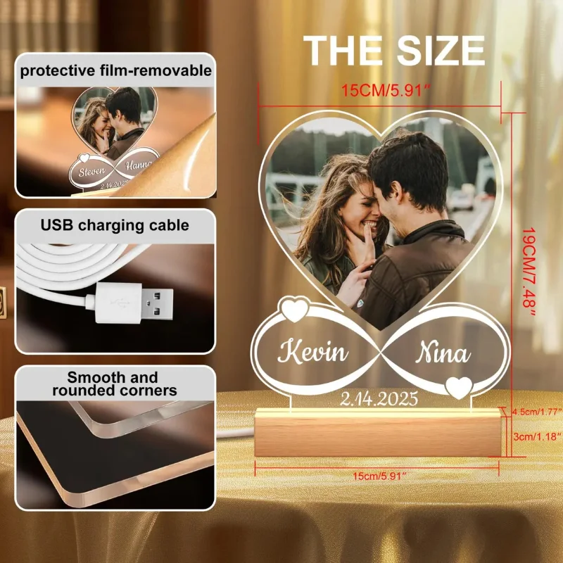 Personalizado acrílico romântico em forma de coração moldura de foto lâmpada de mesa personalizado dia dos namorados aniversário casal presentes
