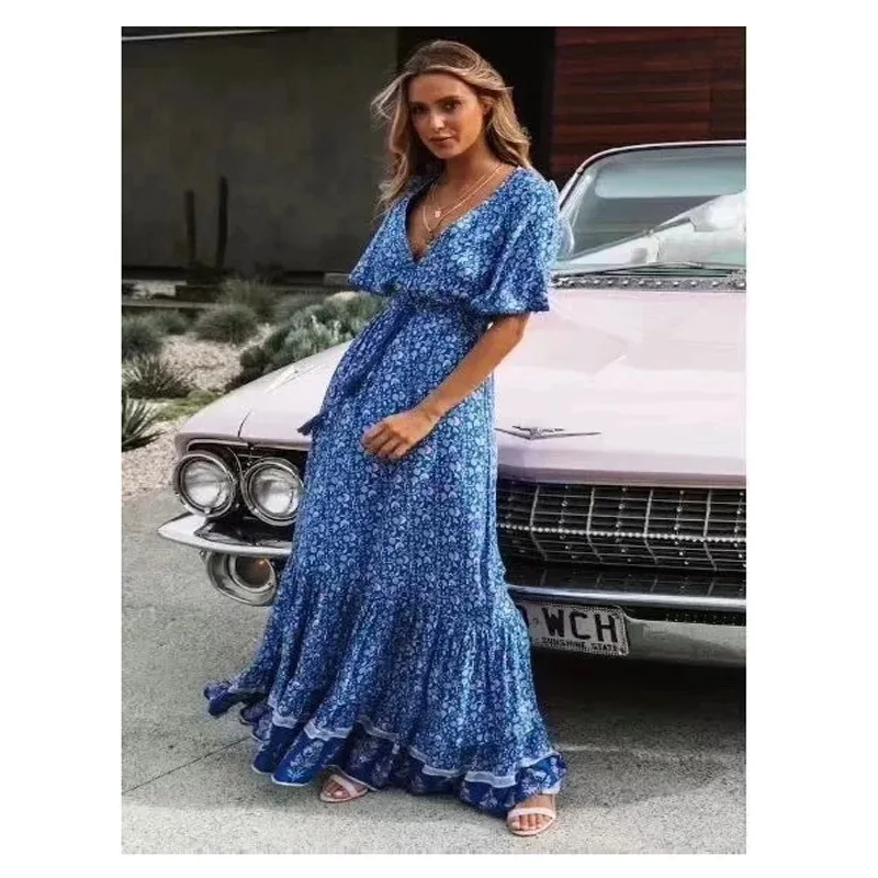 Summer Retro Printed Short-sleeved Dress Sexy Deep V-nek Gypsy Seaside Vacation Beach Dress Bohemian High Waist Loose Long Dress