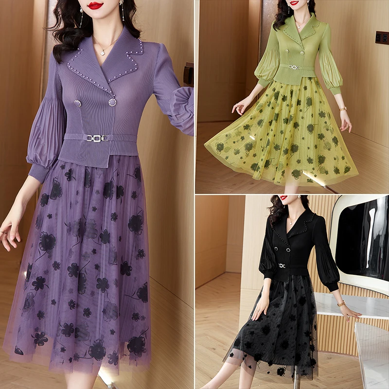 Sanzhai Pleated Dress 2024 Spring New Suit Collar Pin Bead Printed Bubble Sleeves for Slimming Waist and Knee Length Skirt