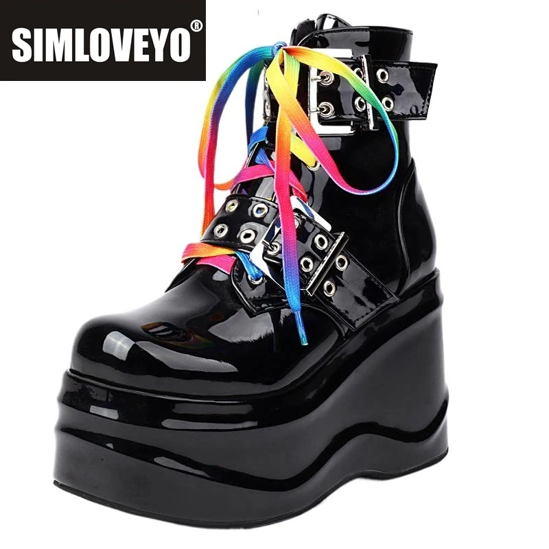 

SIMLOVEYO Women Ankle Boots Round Toe Wedges High Heel 10.5cm Platform Hill 6.5cm Lace Up Patent Leather Bota 44 45