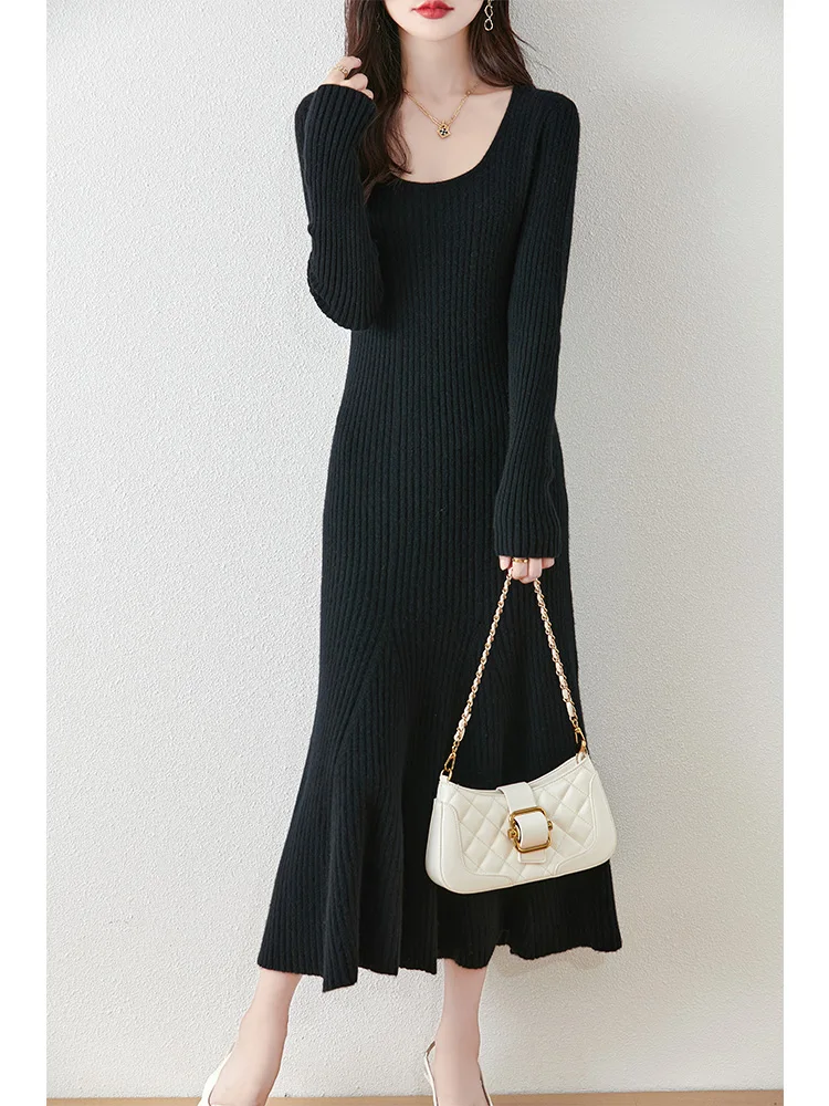 Women's Pure Wool Knitted Dress, U-Neck, Fishtail Skirt, Striped, Casual, Fashionable, Warm, 2024 Autumn/Winter,