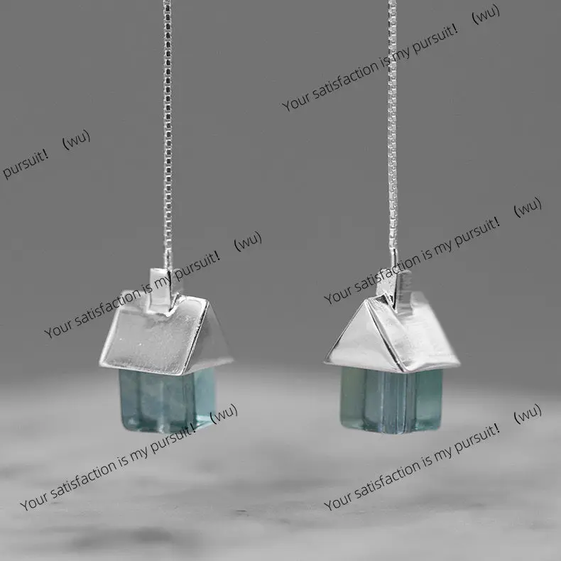 Personalized retro small house earrings, natural green fluorite cute female ins